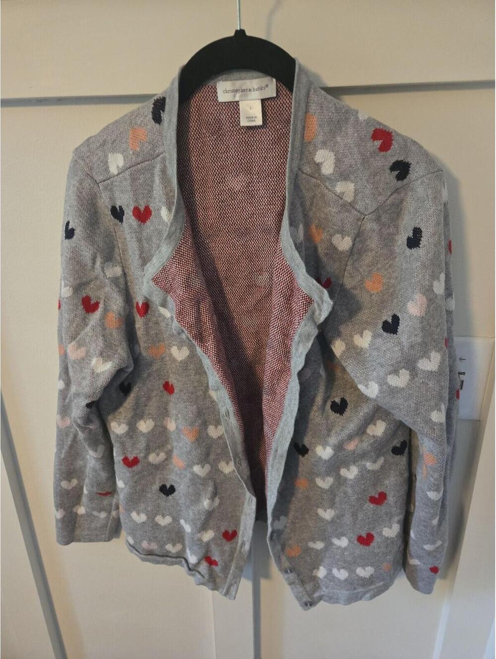 Christopher & Banks Grey Heart Pattern Open Front Cardigan Size L